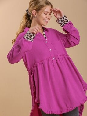 Umgee Mulberry Leopard Trim Tunic Top NWT Hi Low Boho Blouse